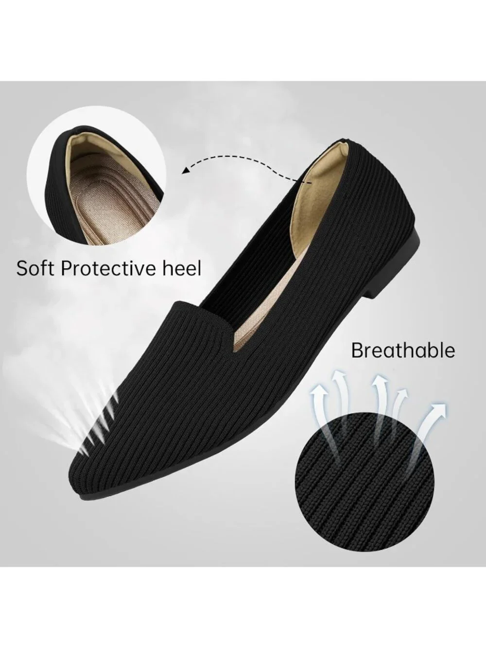 Women's Black Pointed Toe Knit Ballet Flats Washable Important Work Shoes